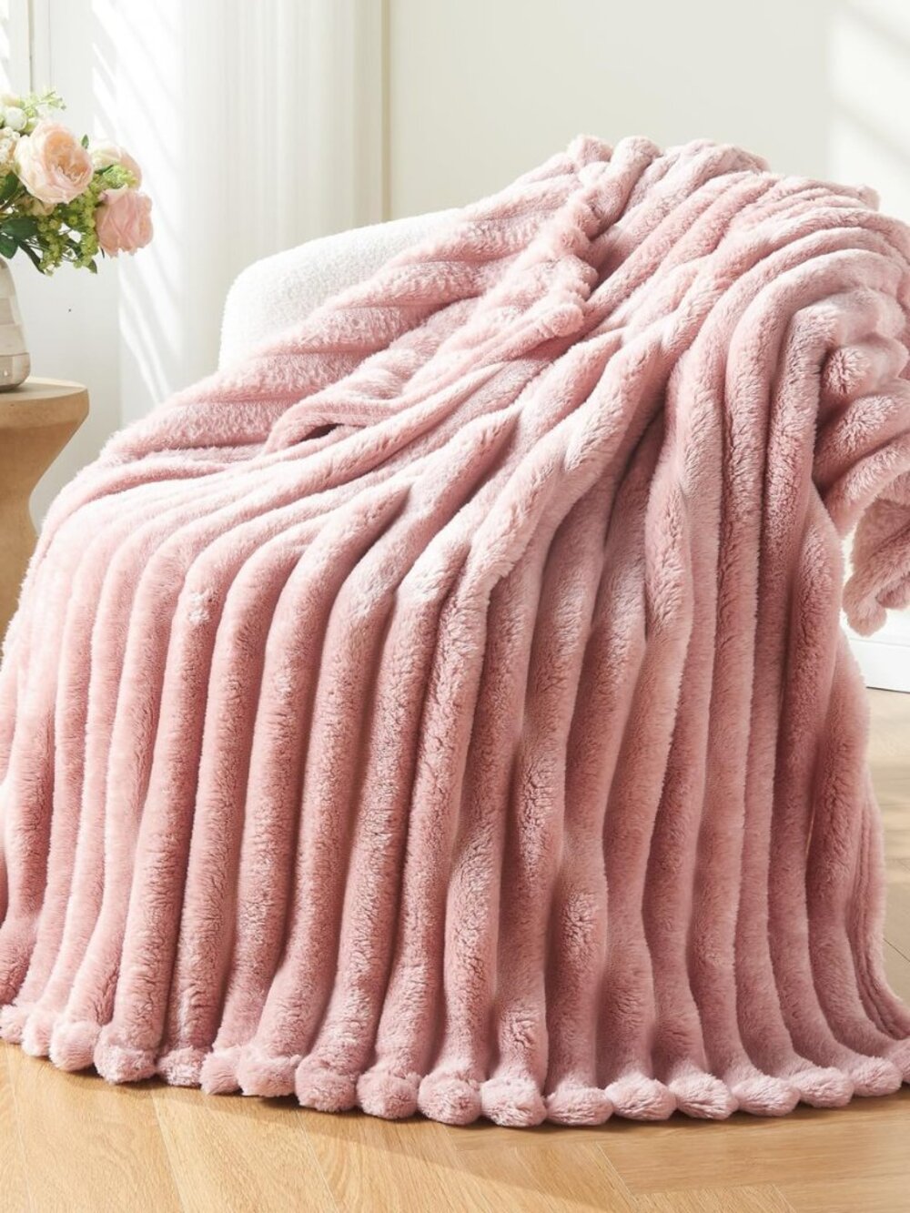 Fleece Ribbed Cozy Throw Blanket for Couch, Pink, 50"x60"